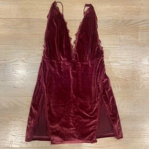Velvet and lace,  high slit, deep v, mini dress